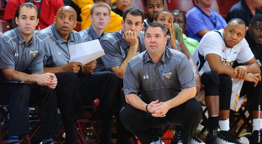 Coach Pat Skerry will lead the 3 seeded Tigers against the Huskies on Saturday night (Credit: Towson Athletics)